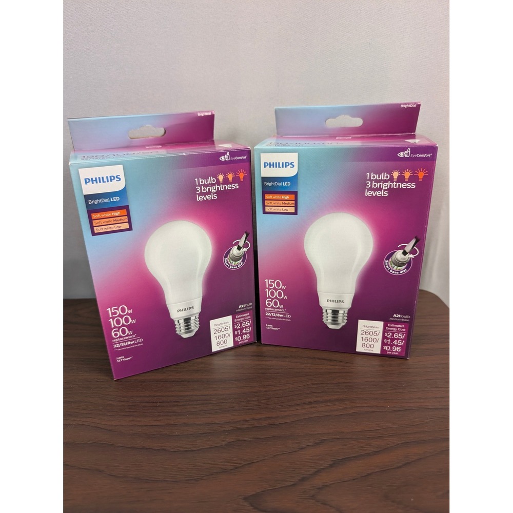 Philips BrightDial LED A21 Bulb 2-Pack 150/100/60W Soft White New